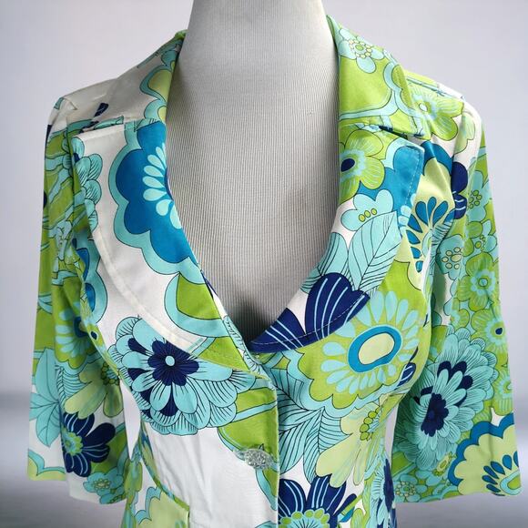 Vintage 90s Rampage Floral Print Jacket Green Blue Cotton 3 Button Blazer M - Picture 2 of 11